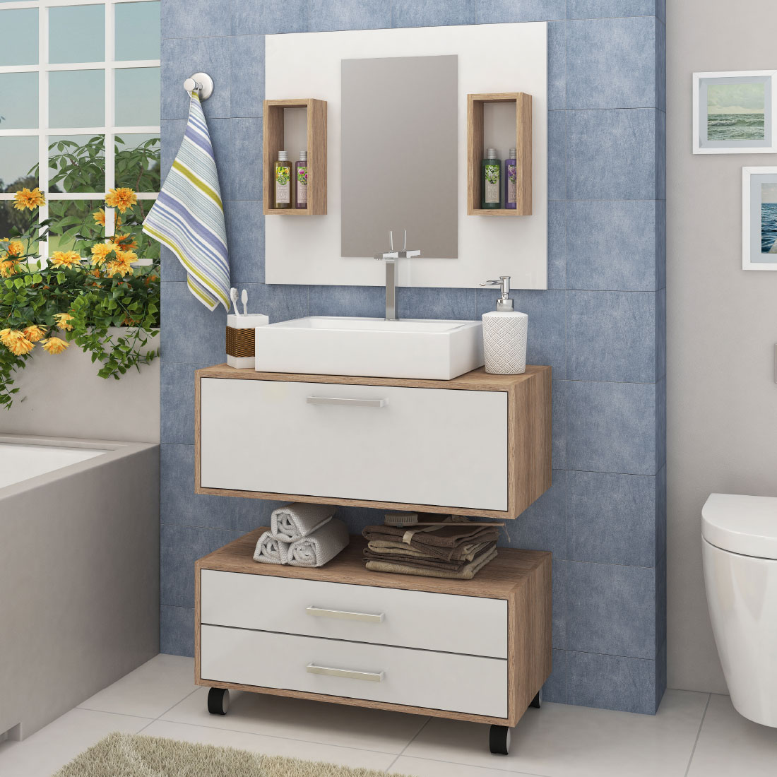 GB11 | Gabinete para banheiro com espelho, 1 porta e
2 gavetas. ACOMPANHA A CUBA